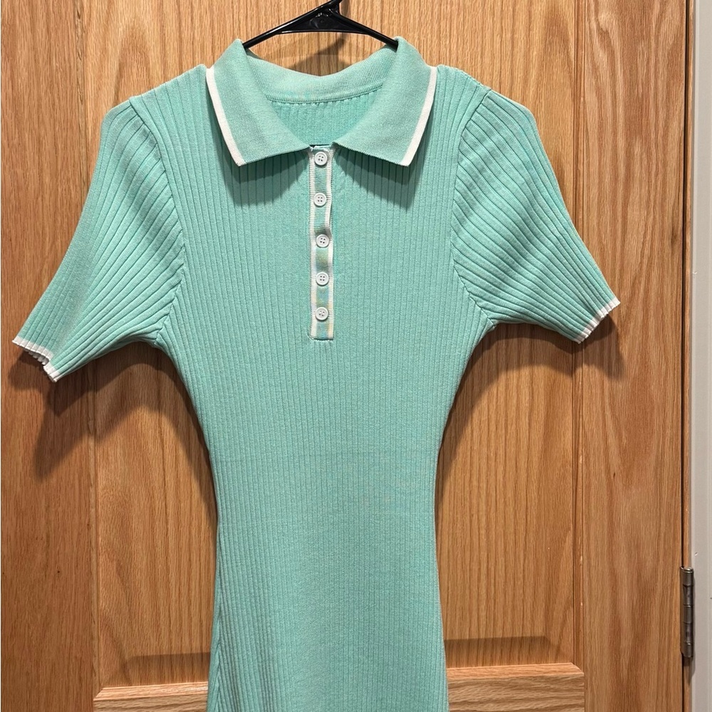 Mint Green Ribbed Polo Dress with White Trim